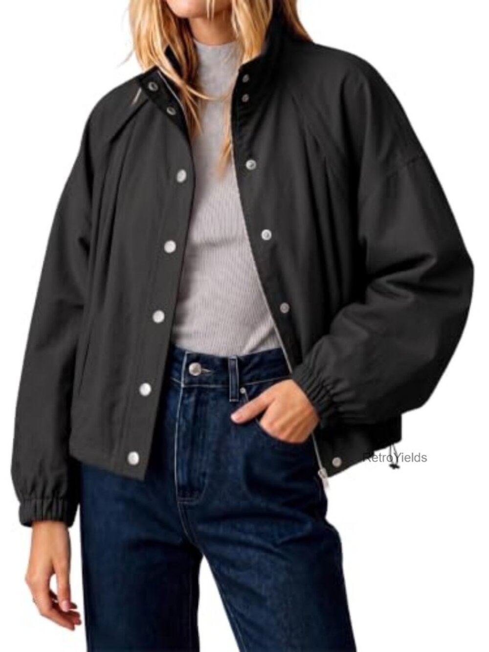 Cropped Bomber Jacket Button Down Stand Collar Casual Loose Fit